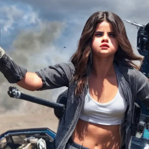 Image similar to High quality movie still of Selena Gomez as Mikaela in Michael Bay's Transformers