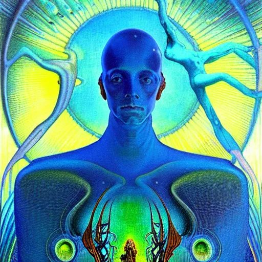 Image similar to realistic extremely detailed portrait painting of a glowing male silhouette, futuristic sci-fi landscape on background by Jean Delville, Amano, Yves Tanguy, Alphonse Mucha, Ernst Haeckel, Edward Robert Hughes, Roger Dean, rich moody colours, blue eyes