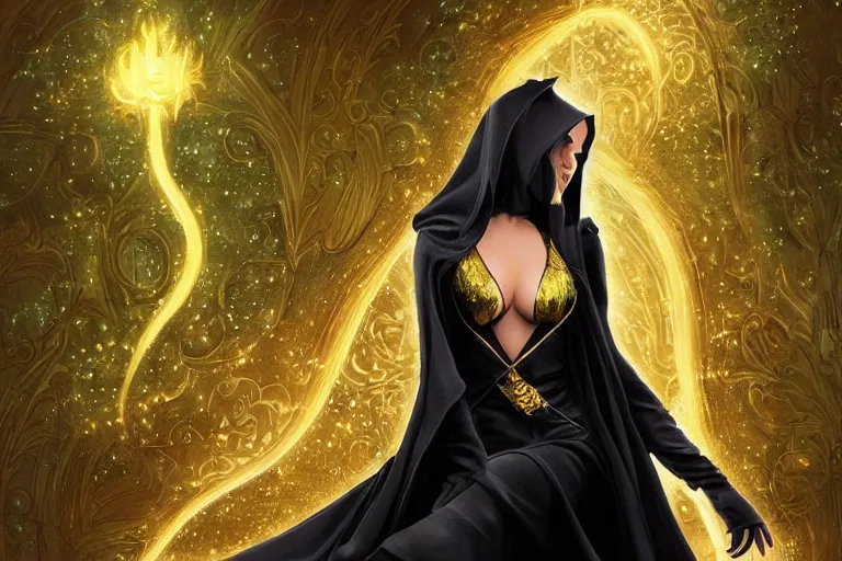 Prompt: a beautiful sorceress wearing a black robe with gold embroidery, sitting at table, casting a spell, green glows, painted by artgerm and joe jusko, in the style of magic the gathering, highly detailed digital art