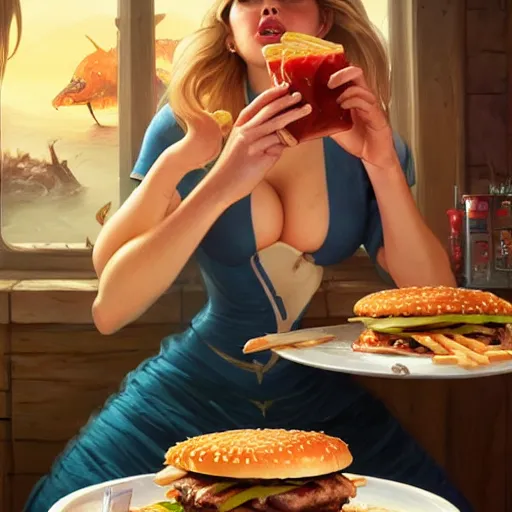 Image similar to Kate Upton devouring big macs, serving fries, eating burgers, dripping BBQ Sauce, D&D, fantasy, intricate, elegant, highly detailed, digital painting, artstation, concept art, matte, sharp focus, illustration, hearthstone, art by Artgerm and Greg Rutkowski and Alphonse Mucha