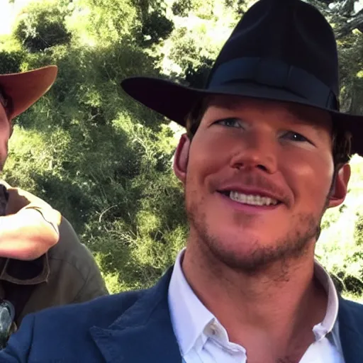Prompt: chris pratt as indiana jones taking a selfie with an old harrison ford, instagram, cinematic, natural lighting, genuine smile, perfect angle