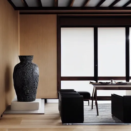 Image similar to lounge and dining room, stone, interior design, stylish luxury hotel living room design, yakisugi, black vertical slatted timber, textures, feminine, black walls, art, Japanese pottery vase with flowers, kakejiku, seasonal, Japanese influences