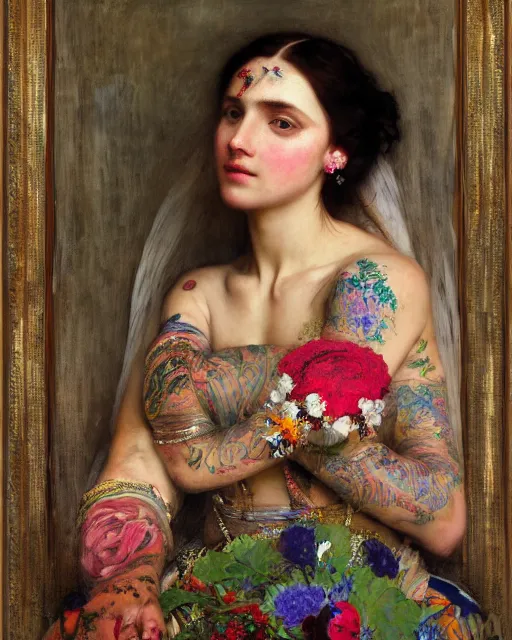 Prompt: a beautiful girl in a wedding dress with colourful tattoos surrounded by colourful flowers orientalist intricate portrait by john william waterhouse and edwin longsden long and theodore ralli and nasreddine dinet, oil on canvas. cinematic, hyper realism, dramatic lighting, high detail 8 k