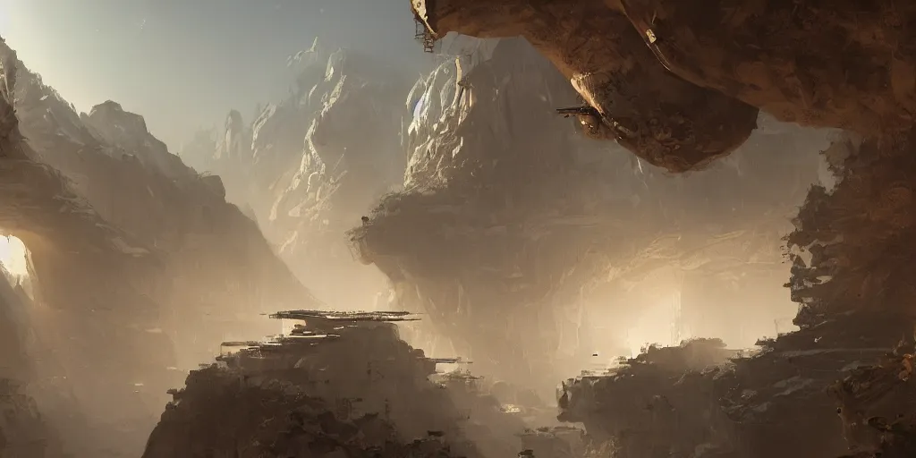 Image similar to a busy science - fiction base hidden in a canyon, river, morning, james paick, artstation