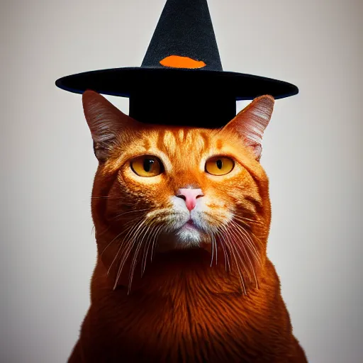 Image similar to photographic portrait of a big orange tabby cat wearing a black wizard hat