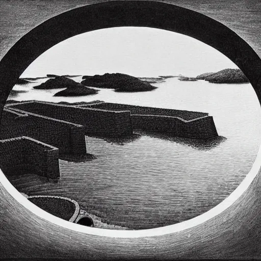 Image similar to M.C. Escher painting of an infinity pool on the edge of the Atlantic Ocean