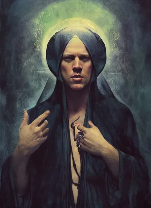 Image similar to channing tatum as aleister crowley the grand mage of thelema. art by tom bagshaw and greg danton