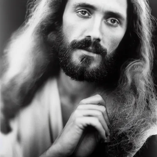 Image similar to Jesus moments after the DMT hallucinations began. Close-up studio portrait photo by Annie Leibovitz. Tri-x.