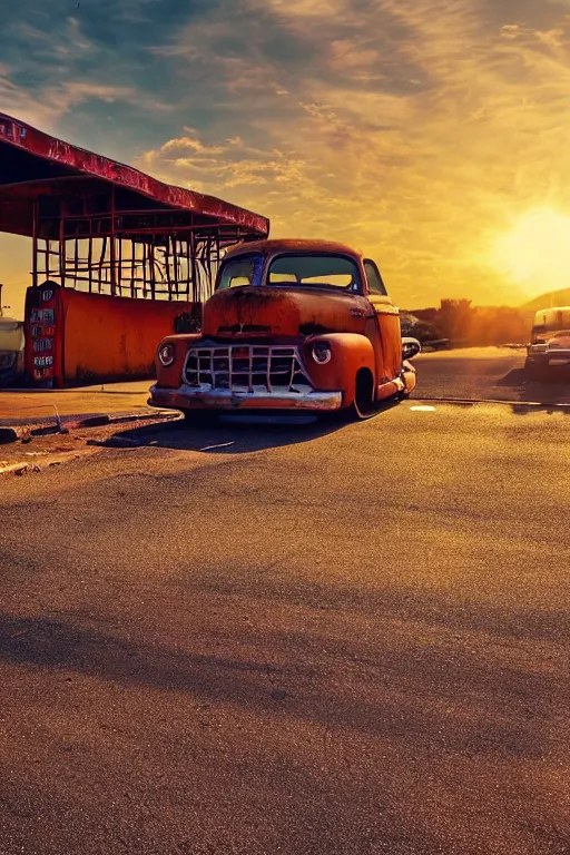 Image similar to a sunset light landscape with historical route 6 6, lots of sparkling details and sun ray ’ s, blinding backlight, smoke, volumetric lighting, colorful, octane, 3 5 mm, abandoned gas station, old rusty pickup - truck, beautiful epic colored reflections, very colorful heavenly, softlight