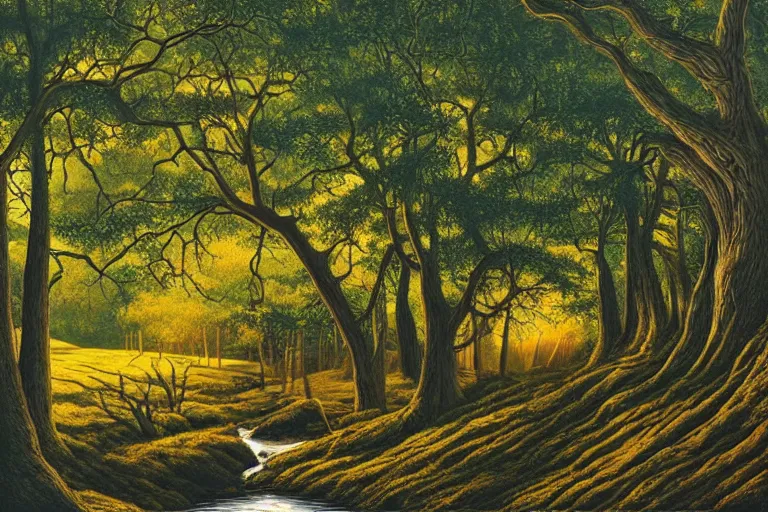 Image similar to masterpiece painting of oak trees on a hillside overlooking a creek, dramatic lighting, by dan mumford