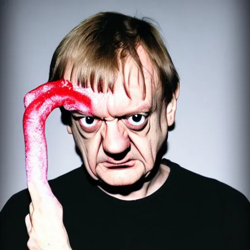 Prompt: fleshy wet mark e smith turned inside out, practical effects, horror