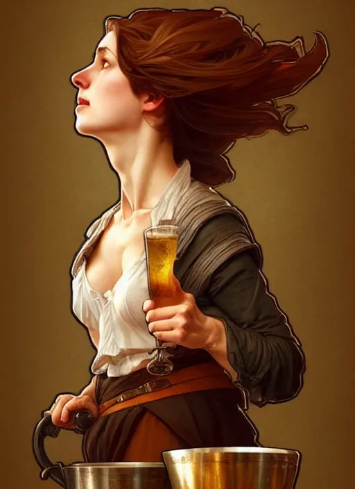 Prompt: a wooden tankard of ale digital painting, artstation, concept art, smooth, sharp focus, illustration, art by artgerm and greg rutkowski and alphonse mucha