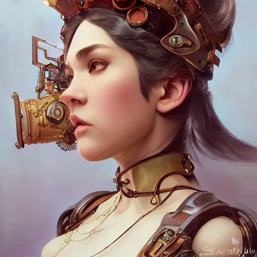 Prompt: Three quarters old portrait of a stunning female steampunk, highly detailed, digital painting, art by Stanley Lau and Artgerm and magali villeneuve and Alphonse Mucha, artstation, octane render, cgsociety