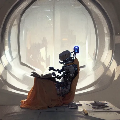 Prompt: a robot reading a book, highly detailed, digital painting, artstation, concept art, sharp focus, illustration, art by eddie mendoza and greg rutkowski and alphonse mucha