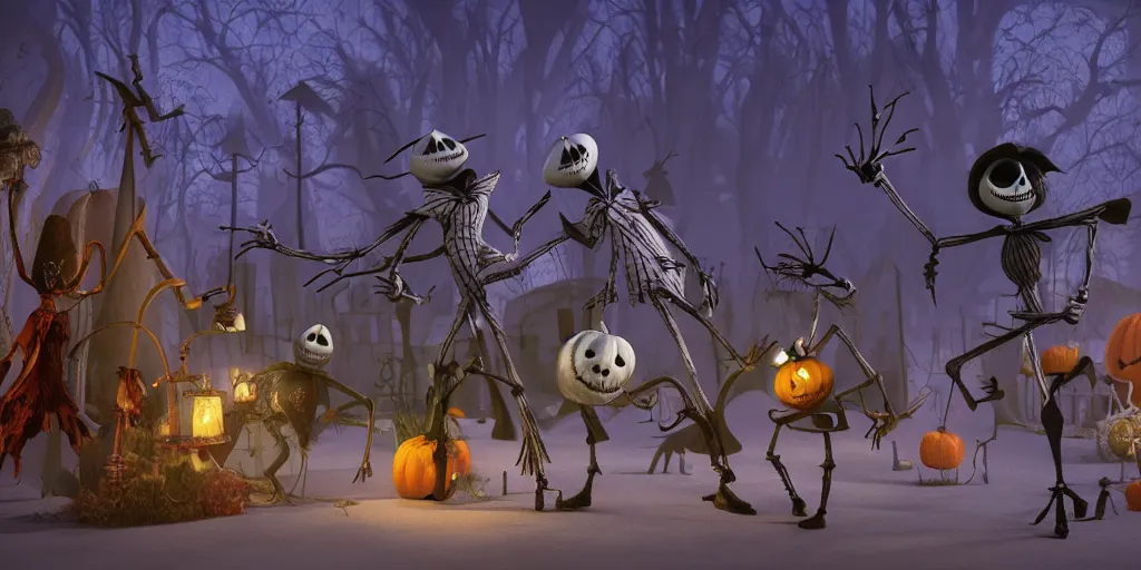 Image similar to a scene from tim burtons nightmare before christmas, halloween town, illustration, reality, wide shot, light colors, highly detailed, sharp focus, cinema 4 d, 3 d, octane render