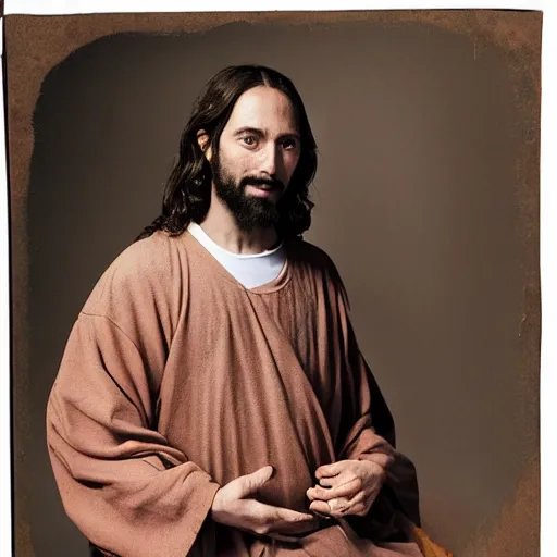 Image similar to studio photo of jesus in a chinese sweat shop, studio portrait