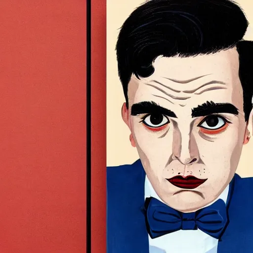 Image similar to a fine art portrait of a man with black hair that is shorter on the sides, wonky eyebrows that are different sizes. Bags under his eyes. In the style of Stanley Kubrick and Wes Anderson, Art directed by Edward Hopper.