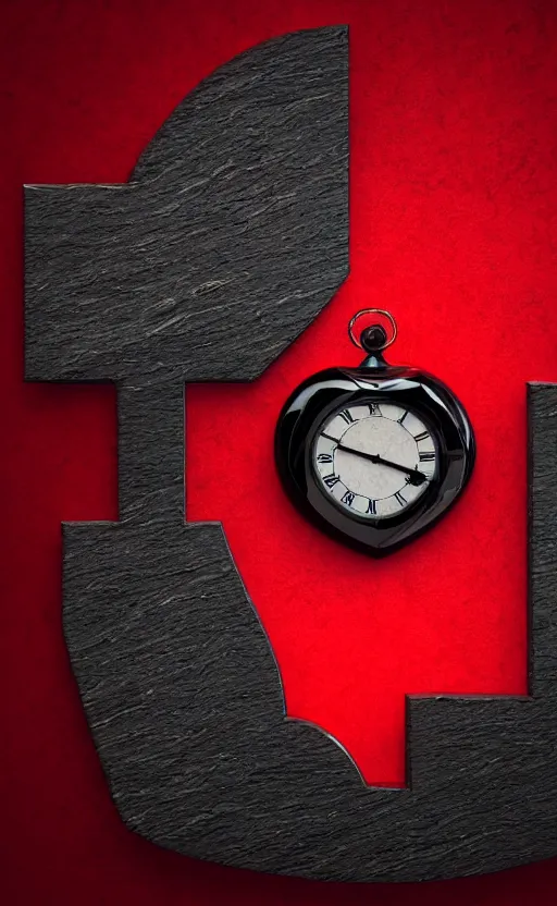 Image similar to a melting Roman numeral clock, behind a red and black gradient background, awith a black heart shaped on the top left corner and a black diamond card shape in the bottom right corner, dynamic lighting, photorealistic fantasy concept art, trending on art station, stunning visuals, cinematic, creative, ultra detailed