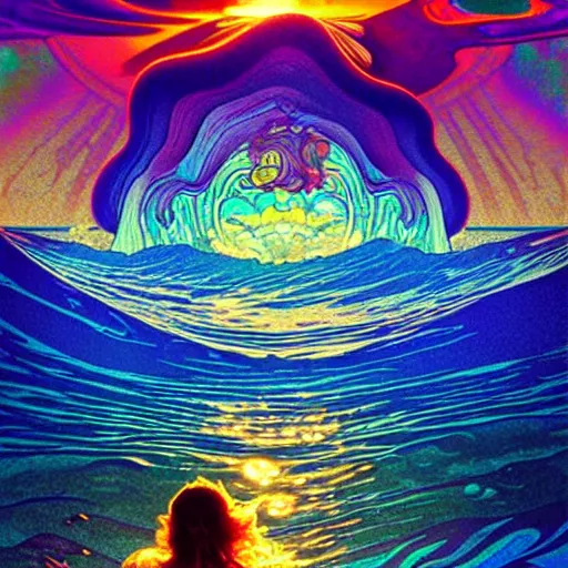 Image similar to ocean wave around giant psychedelic mushroom, lsd water, dmt ripples, backlit, sunset, refracted lighting, art by collier, albert aublet, krenz cushart, artem demura, alphonse mucha