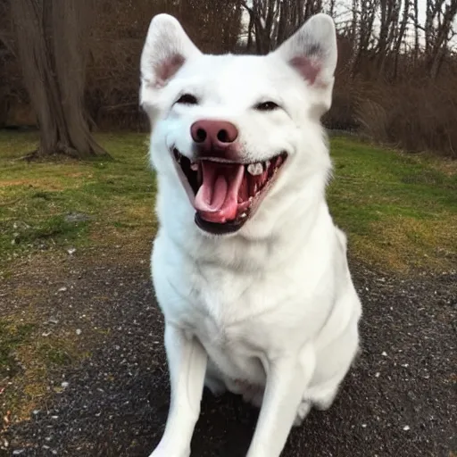 Image similar to dog with big human teeth smiling