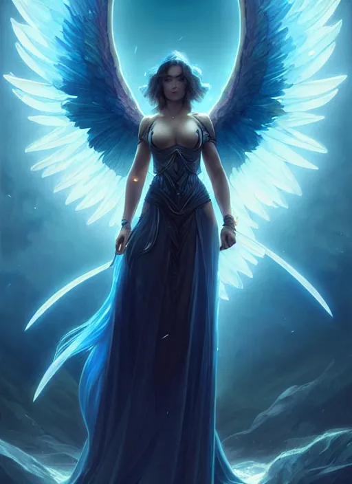 Image similar to a beautiful cinematic female archangel queen, fantasy sea landscape, fantasy magic, short aqua blue black fade hair, dark light night, intricate, elegant, sharp focus, illustration, highly detailed, digital painting, concept art, matte, art by WLOP and Artgerm and Greg Rutkowski and Alphonse Mucha, masterpiece