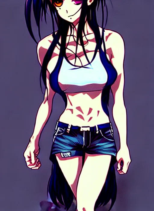 Prompt: style of madhouse studio anime, black lagoon manga, loish, artgerm, rafael albuquerque comic art, portrait of revy from black lagoon, symmetrical eyes and symmetrical face, jean shorts, white tank top, sarcastic evil smirk on face