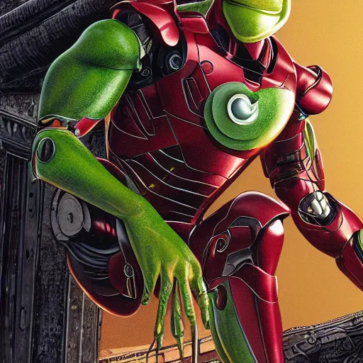 Prompt: Kermit the Frog as Iron Man by P. Craig Russell and Barry Windsor-Smith, Sesame Street, 8k octane beautifully detailed render, post-processing, extremely hyperdetailed, intricate, epic composition, grim yet sparkling atmosphere, cinematic lighting + masterpiece