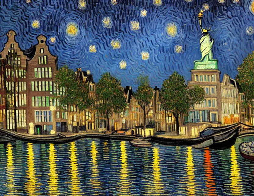 Prompt: a very realistic painting of the statue of liberty being stoned and lost in the amsterdam canals surrounded by amsterdam houses at night with romantic city light ambiance and a starry sky painting by vincent van gogh in the style of james jean, 8 k ultra realistic no noise