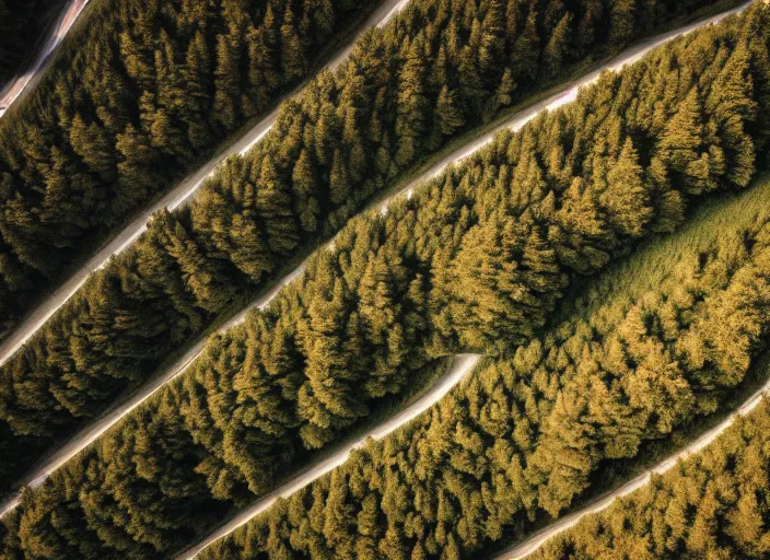 Image similar to symmetry!! a 2 8 mm macro aerial view of a beautiful winding mountain road in europe, photography, film, film grain, canon 5 0 mm, cinematic lighting