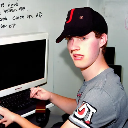 Prompt: 21 year old Jimmy John’s manager with pale skin and brown curly hair is wearing a black baseball cap and tapping a computer screen on the wall