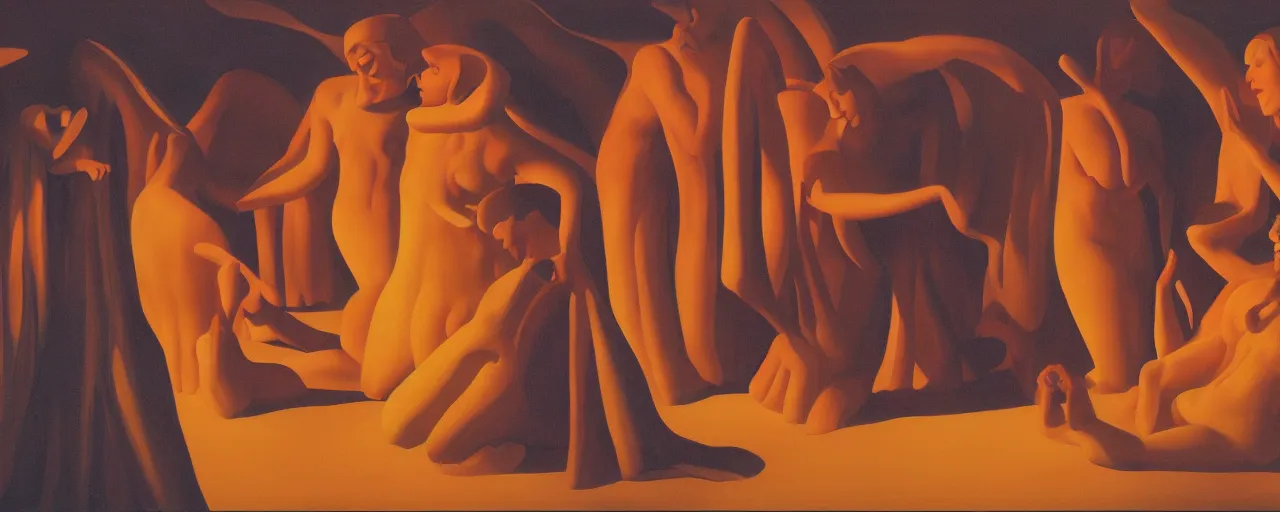 Image similar to Paradise, Soul-eating angels satisfy their hunger, sunset lighting, in the style of George Tooker