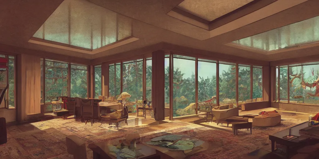 Prompt: nicely furnished living room of insanely wealth man's frank lloyd wright style mansion, large windows letting in a lot of natural light, maine forest outside, game concept art, steven king, 1980s, retro, highly detailed, artstation, wide angle lens