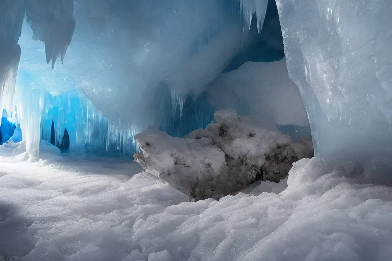 Prompt: inside an ice cave, blue, wide angle, marc adamus, beautiful
