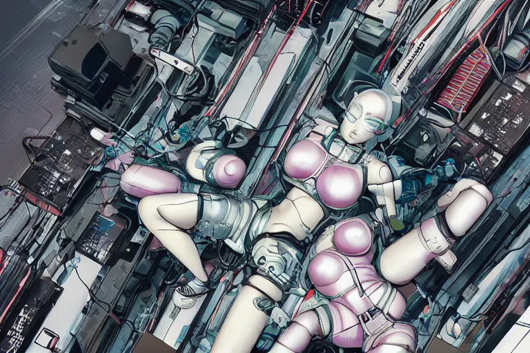 Image similar to a cyberpunk illustration of a group of female androids in style of masamune shirow, lying on an abstract, empty, white floor with their body parts scattered around in various poses and cables and wires coming out, by yukito kishiro and katsuhiro otomo, hyper-detailed, intricate, view from above