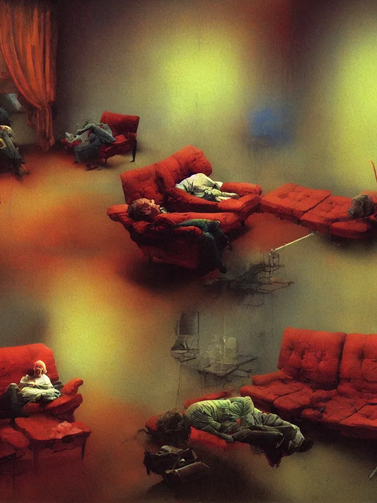 Prompt: photo of a very old couple sleeping on a couch, psx game graphics , Beksinski painting, part by Adrian Ghenie