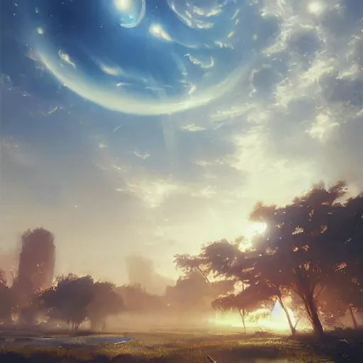 Prompt: space dream, volumetric lighting, dew, spring evening, clear weather, ( few clouds ), realistic illustration, golden hour, perfectly shaded, soft painting, art by krenz cushart and wenjun lin