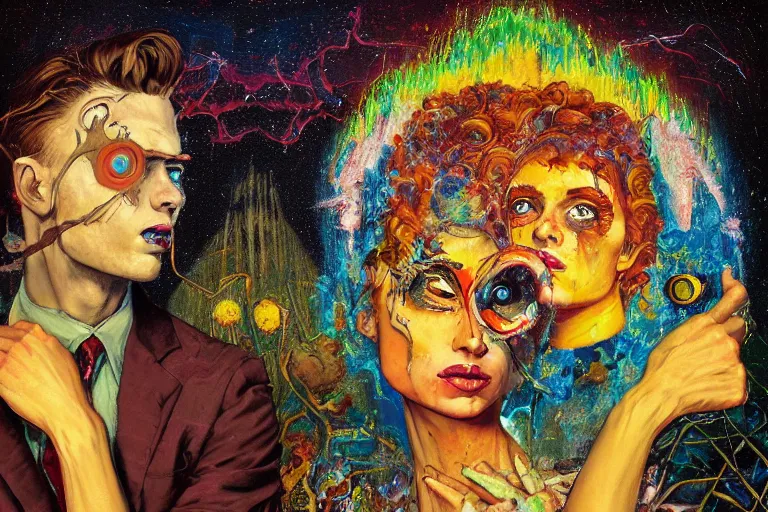 Prompt: expressionism painting of two lovers, channeling third eye energy, surrounded by a background of dark cyber mystic garden of earthly delights, midnight hour, painted part by francis bacon, part by josan gonzales, part by dan mumford, part by norman rockwell, part by gustave moreau, artstation, 4K, highly detailed,