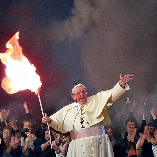 Image similar to a photo of the pope breathing fire at a carnival sideshow