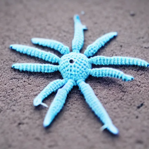 Image similar to cute fluffy light blue color spider crochet doll standing on sand, hyperrealistic photograph, highly detailed, tactile, 8k, close up, macro