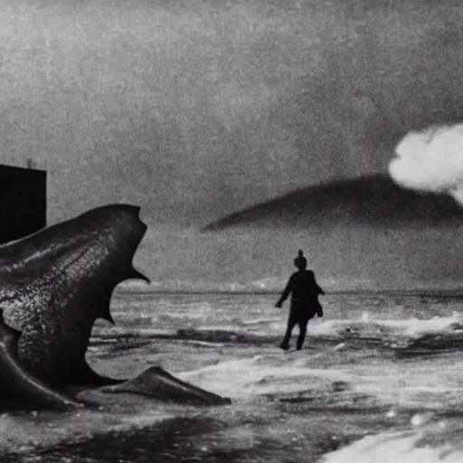 Image similar to a couple escaping from a giant Kaiju Starfish Monster over a traditional Korean village, minimal cinematography by Akira Kurosawa, movie filmstill, film noir, thriller by Fritz Lang and Shin Sang-ok