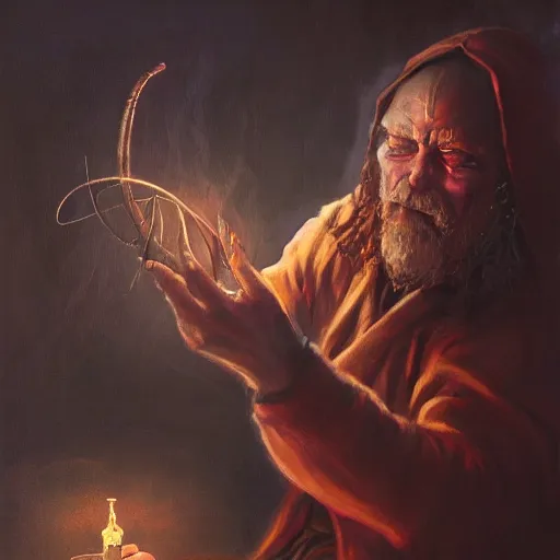 Image similar to a beautiful panting of a dark wizard casting a spell, alchemist lab, hyperrealistic, cinematic atmosphere, epic, artstation, moebius