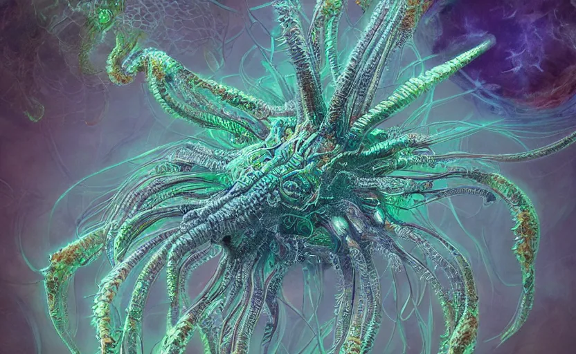 Prompt: sci - fi biomechanical, colored, unreal engine, fractal flame, monster character design, fantasy. intricate jellyfish crab eagle lizard biomechanical. by ernst haeckel