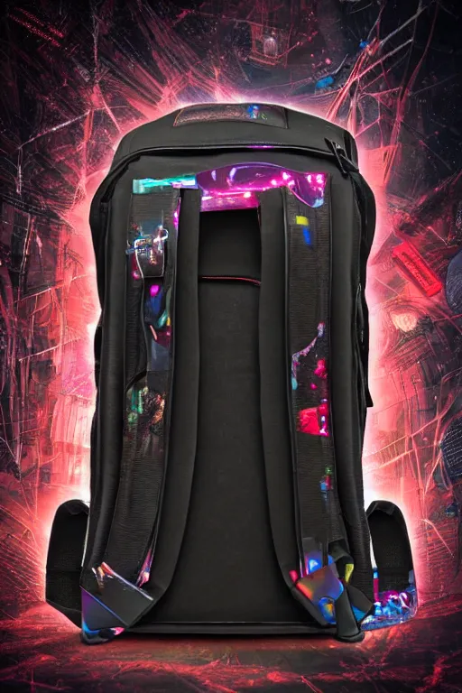 Prompt: photo of a stylish back pack, band merchandise, bandname is tripmachine, tourname is invasion of the tripmachines, realistic digital art, printed with a 3 d render of a huge futuristic steampunk generator, 8 k, fluorescent colors, halluzinogenic, multicolored, exaggerated detailed, unreal engine