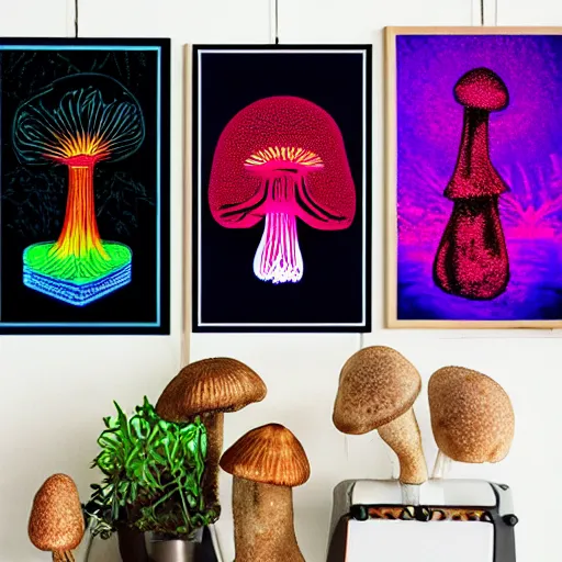 Prompt: Terence McKenna growing is a magic mushroom, blacklight poster