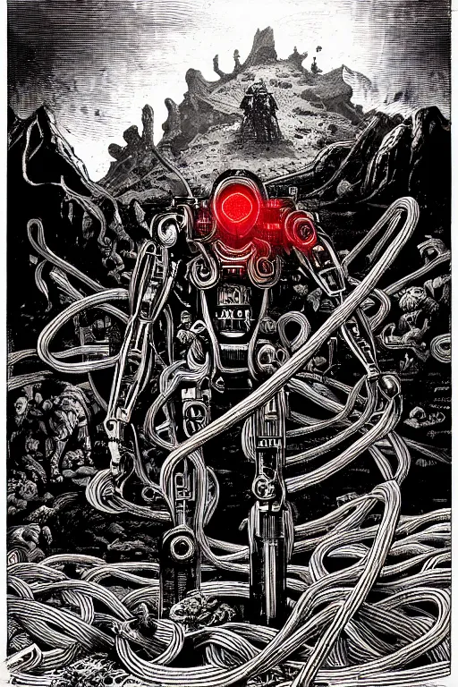 Prompt: Hell creatures | Cyborg in Red surrounded by cables | 19th century wood-engraving , whole page illustration , art in the style of greg rutkowski and thomas kinkade and Larry Elmore