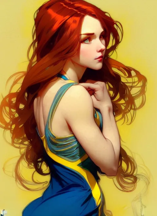 Prompt: digital character concept art by artgerm and greg rutkowski and alphonse mucha. clear portrait of a pin - up young wife, redhead, blue and yellow clothes, light effect. hyper detailed, intricate, elegant, digital painting, artstation, smooth, sharp focus