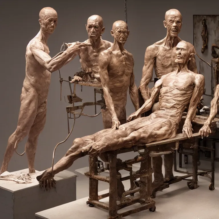 Prompt: hyperrealistic sculpture of a fossilized bronze chinese prisoner, on an operating table in a cage on a pedestal, surrounded by surgeons, by ron mueck and duane hanson and lee bontecou and giacometti, hyperrealistic dramatic colored lighting trending on artstation 8 k