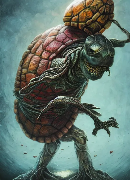 Image similar to the mock turtle, fool tarot card, highly detailed, cinematic, 8 k, by megan duncanson, benjamin lacombe, adrian borda, stanley artgermm, tom bagshaw, craig mullins, carne griffiths, ayami kojima, beksinski, giger, trending on deviantart, hyper detailed, horror, full of colour