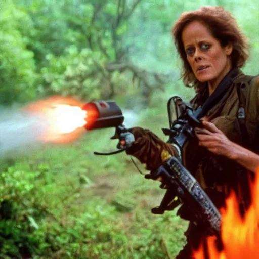 Prompt: film still of a mud - covered sigourney weaver as major dutch holding a flame thrower and hiding behind a rock from the predator in predator 1 9 8 7, hd, 8 k