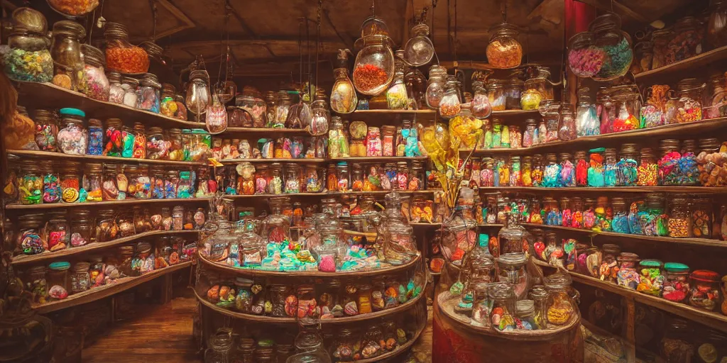 Image similar to Inside an old magical sweet shop, large jars on shelves, beautiful labels, fantasy vendor interior, wide angle, cinematic, highly detailed, photorealistic, rich bright colors, trending on artstation, trending on cgsociety
